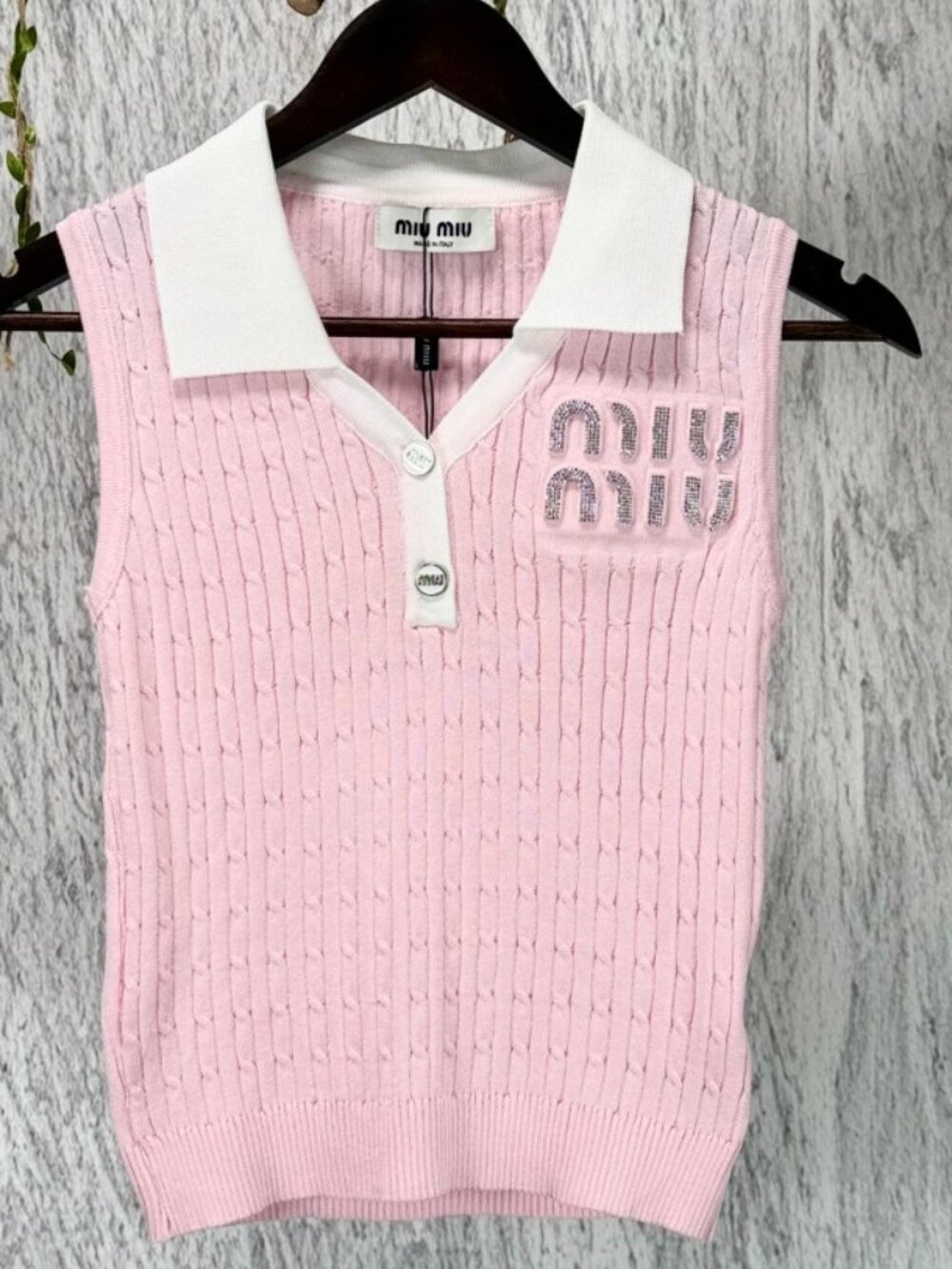 Miu Miu Pink Cable Knit Sleeveless Polo Vest Rhinestone Logo Top
